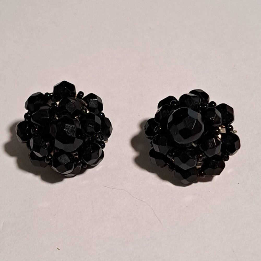 Vintage black beaded clip on earrings made in western Germany